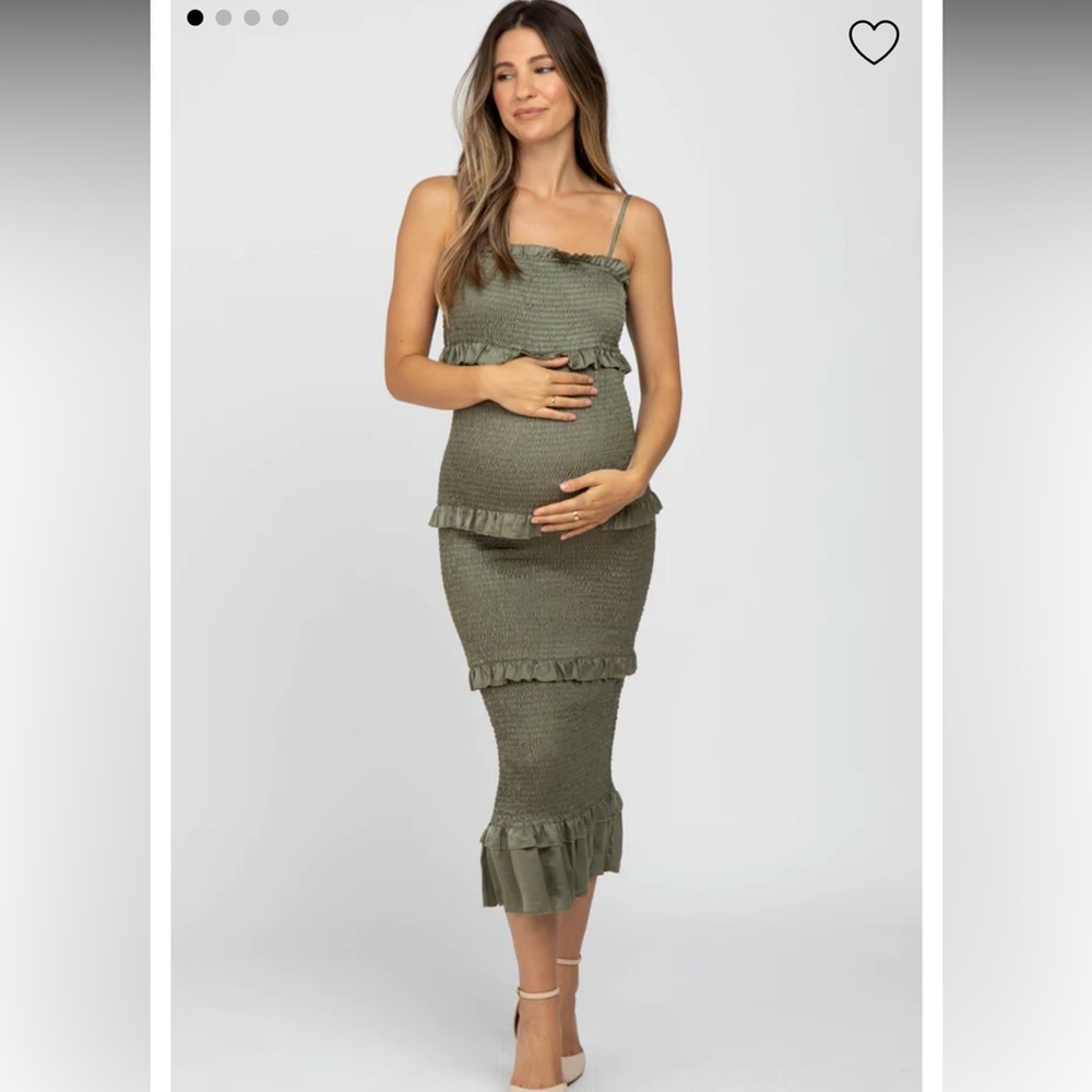Olive Satin Smocked Fitted Maternity Midi Dress